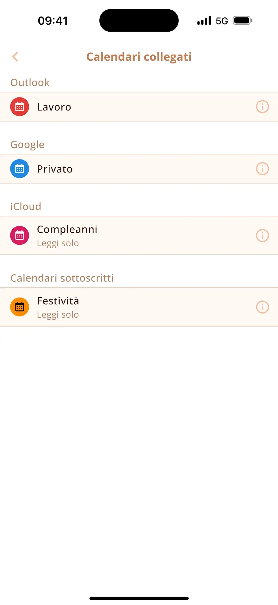 Elenco dei calendari in Miracal con calendari iCloud, Google e Outlook