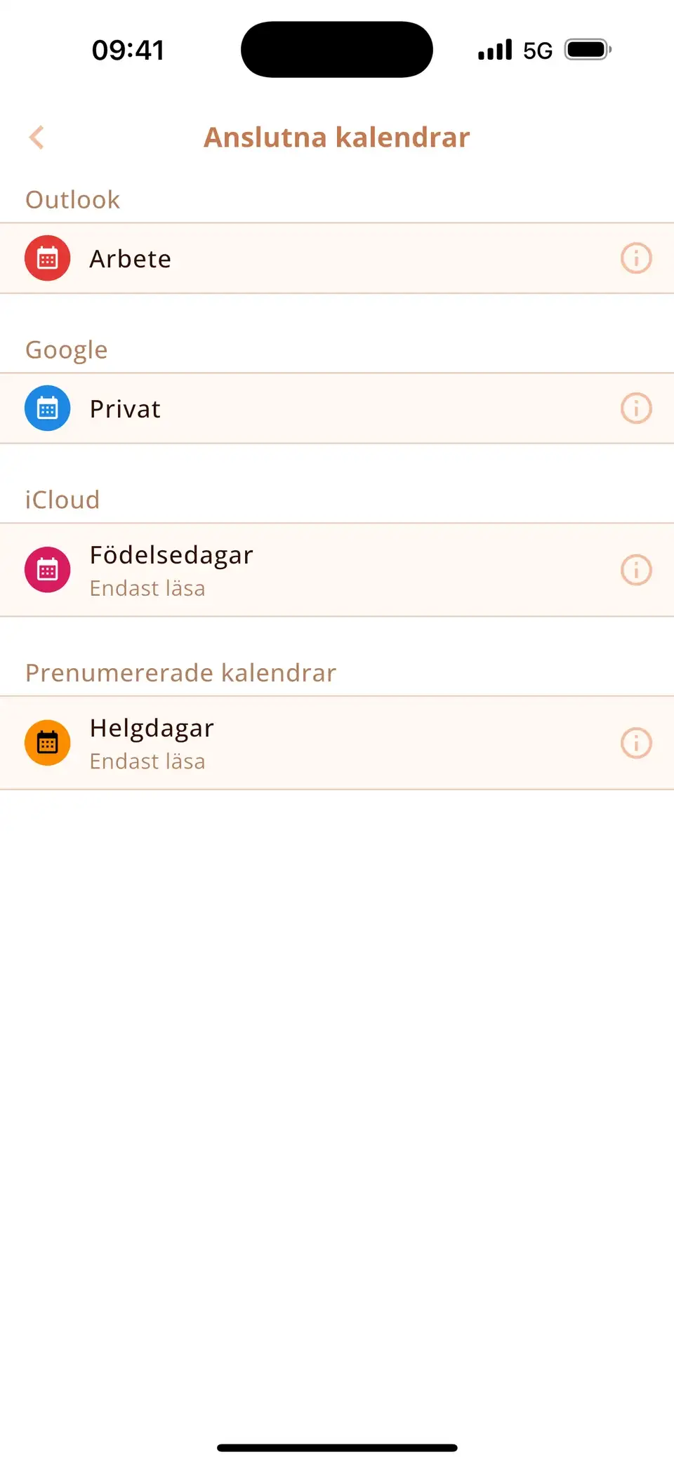 Lista över anslutna kalendrar i Miracal: Google, Outlook, iCloud och en prenumererad helgdagskalender