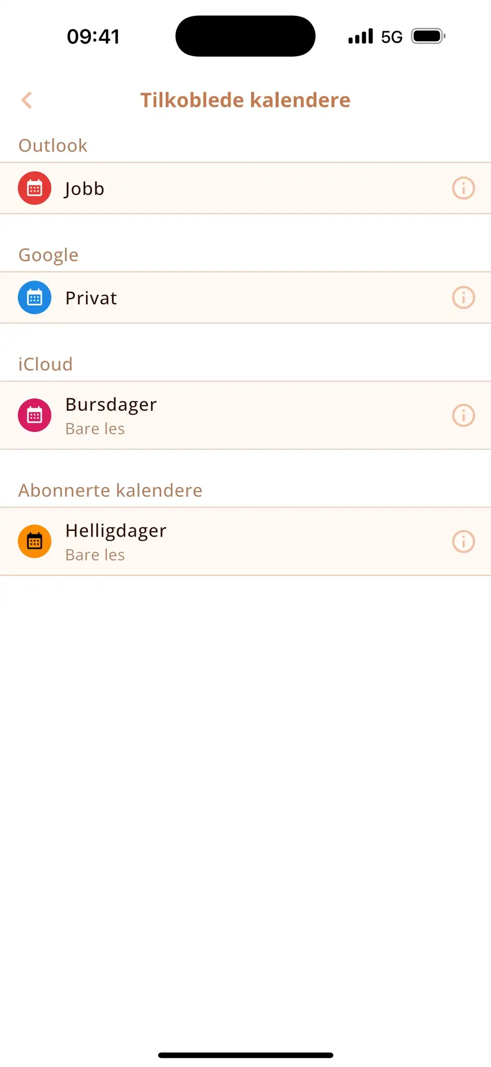 Liste over tilkoblede kalendere i Miracal: Google, Outlook, iCloud og en abonnert helligdagskalender