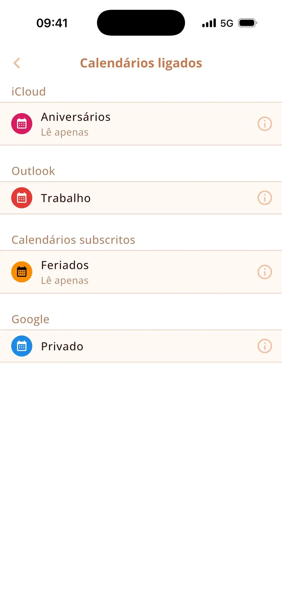 Calendários conectados no Miracal: Google, Outlook, iCloud e uma assinatura de feriados