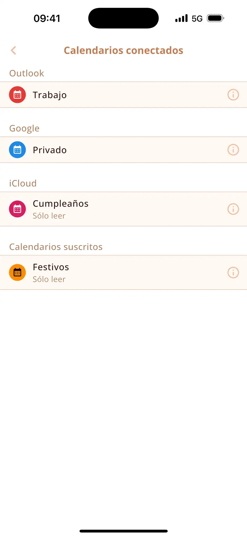 Lista de calendarios conectados en Miracal: Google, Outlook, iCloud y un calendario de festivos suscrito