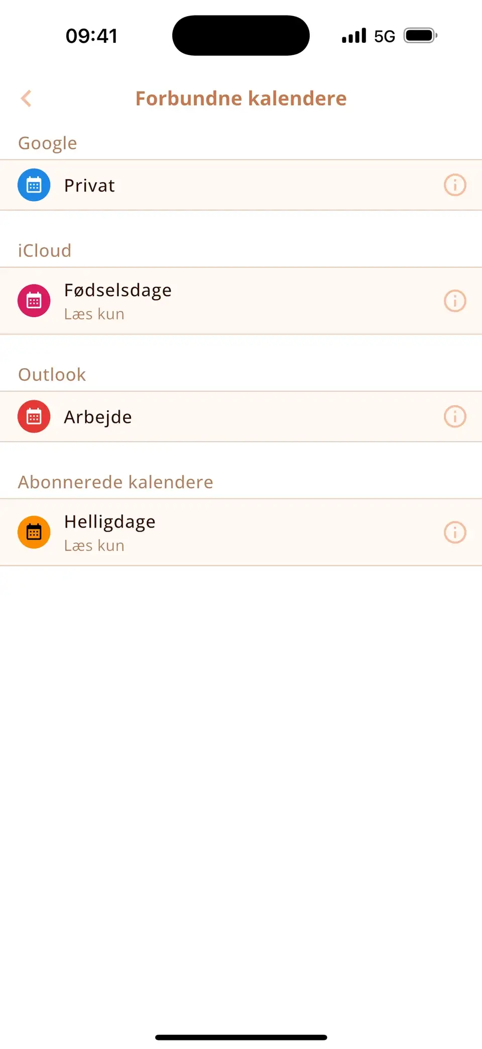 Forbundne kalendere i Miracal: Google, Outlook, iCloud