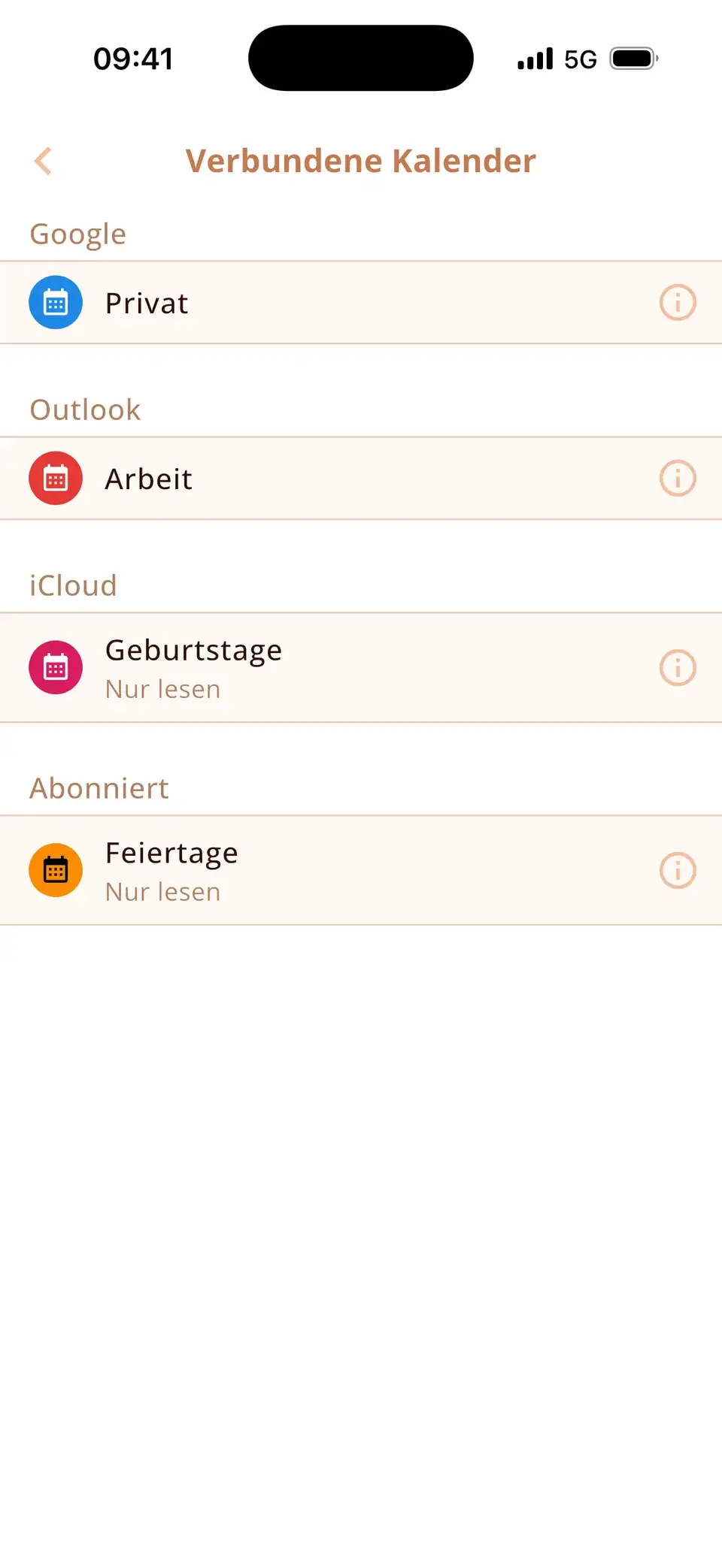 Verbundene Kalender in Miracal: Google, Outlook, iCloud und ein Feiertags-Abo