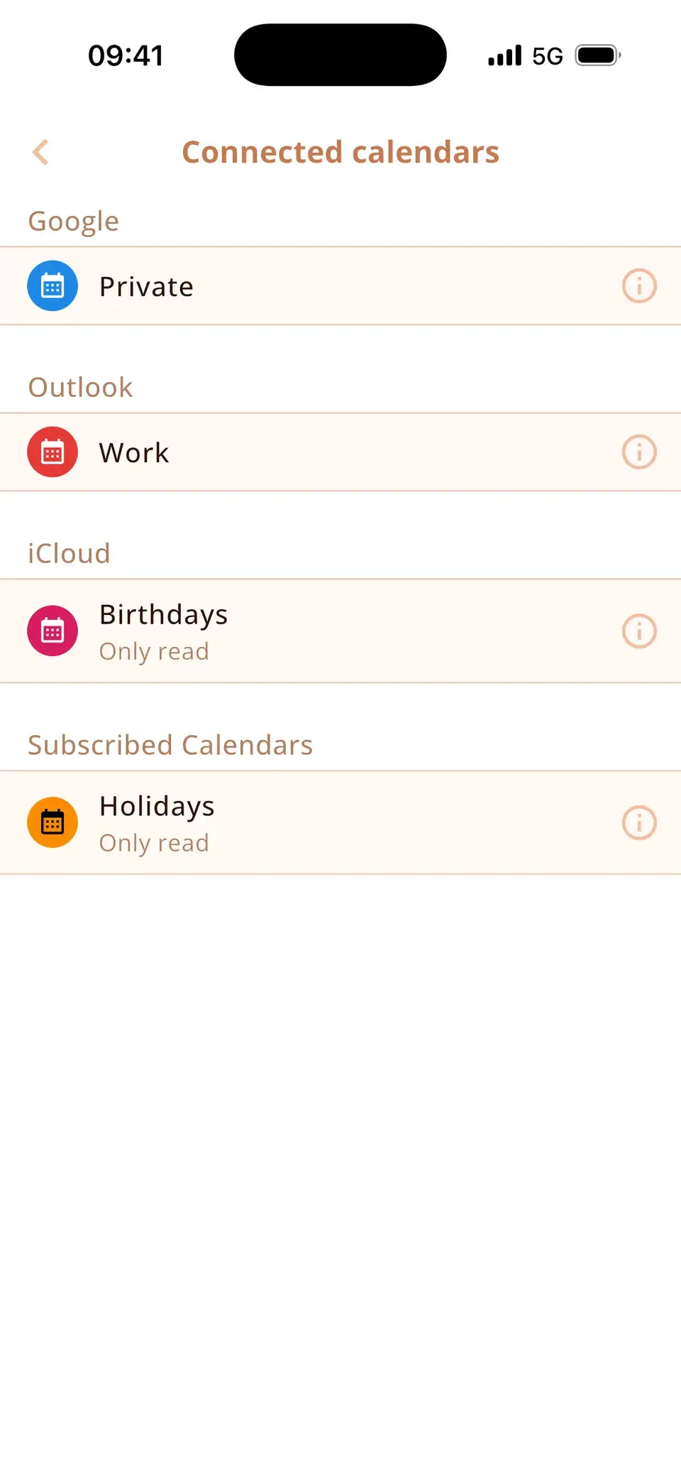 Calendar list in Miracal with iCloud, Google and Outlook calendars