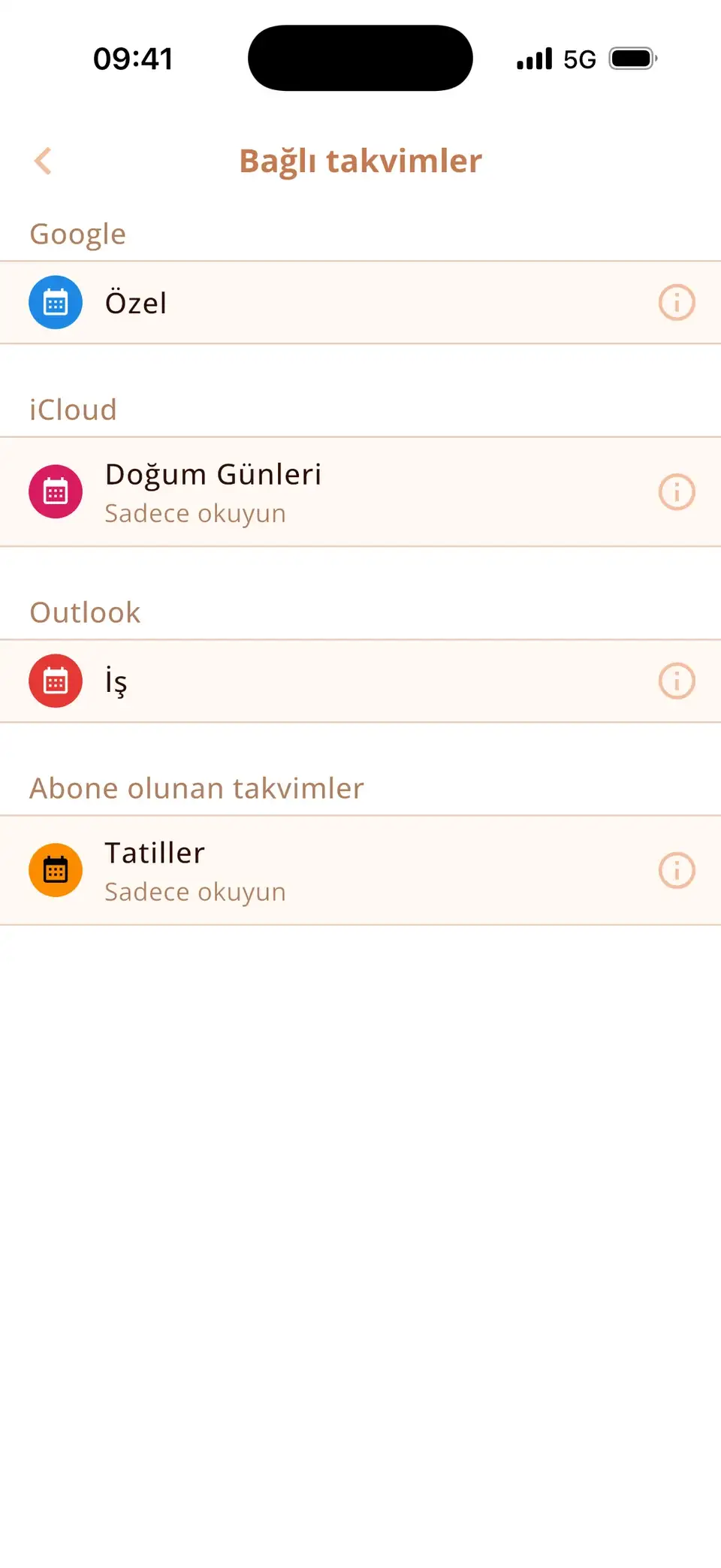 Miracal’da bağlı takvimler: Google, Outlook, iCloud ve abone olunan bir tatil takvimi
