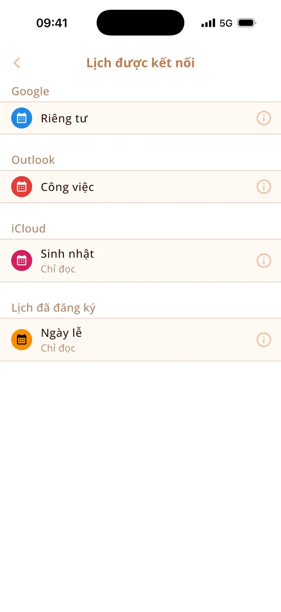 Danh sách lịch đã kết nối trong Miracal: Google, Outlook, iCloud và một lịch ngày lễ đã đăng ký