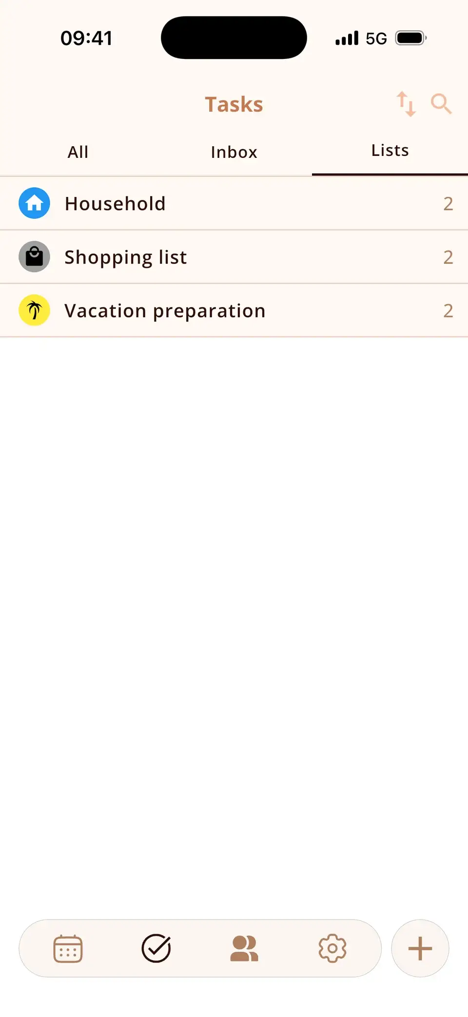 Task lists in Miracal: Household, Shopping list and Vacation preparation