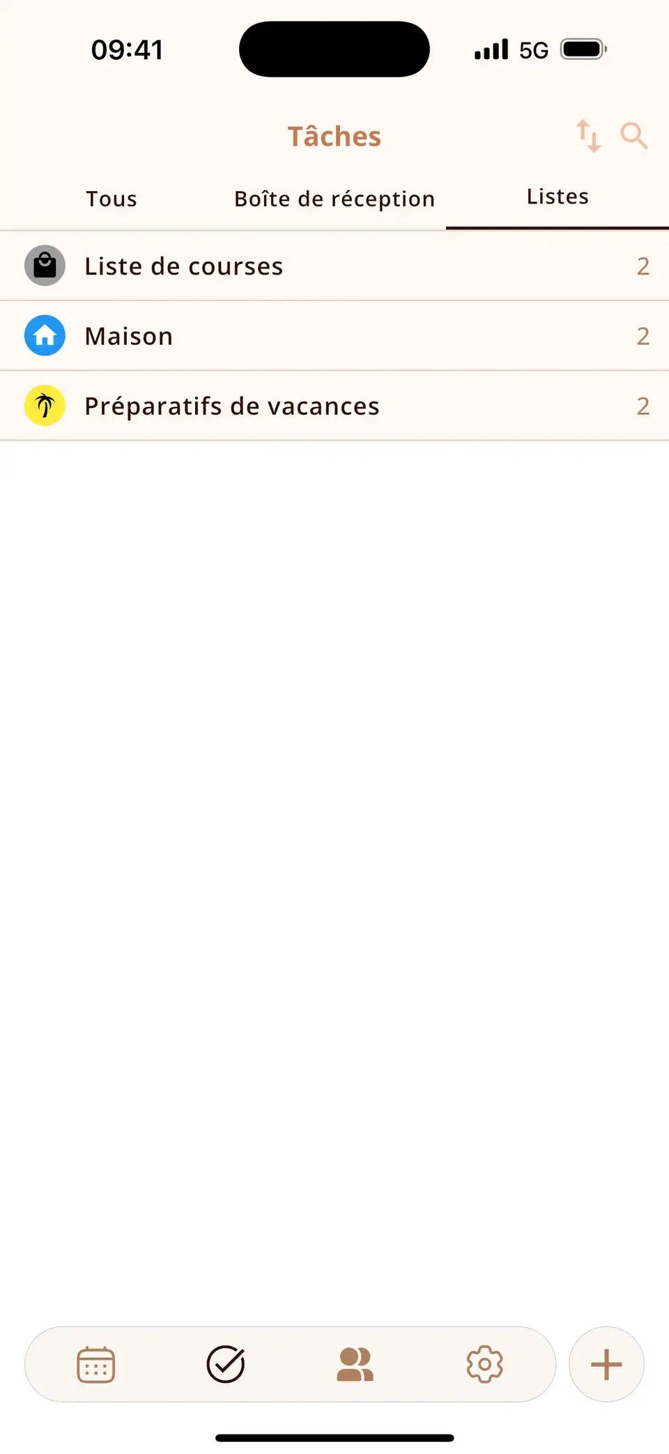 Listes de tâches dans Miracal : Maison, Liste de courses et Préparatifs de vacances
