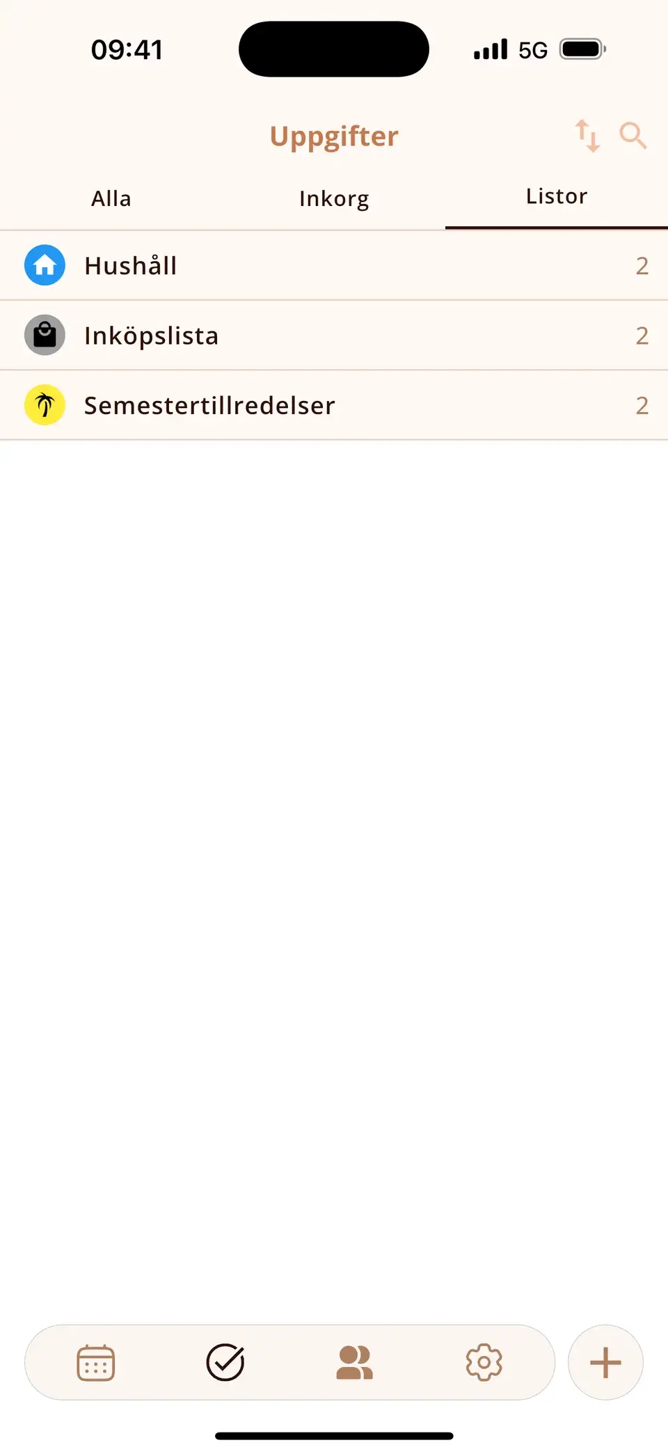 Uppgiftslistor i Miracal: Hushåll, Inköpslista och Semestertillredelser