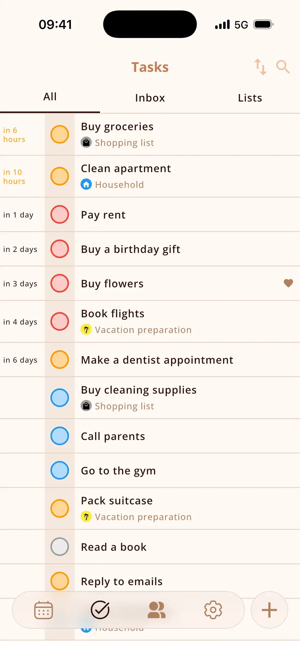 Miracal task view with tasks grouped by due date and priority