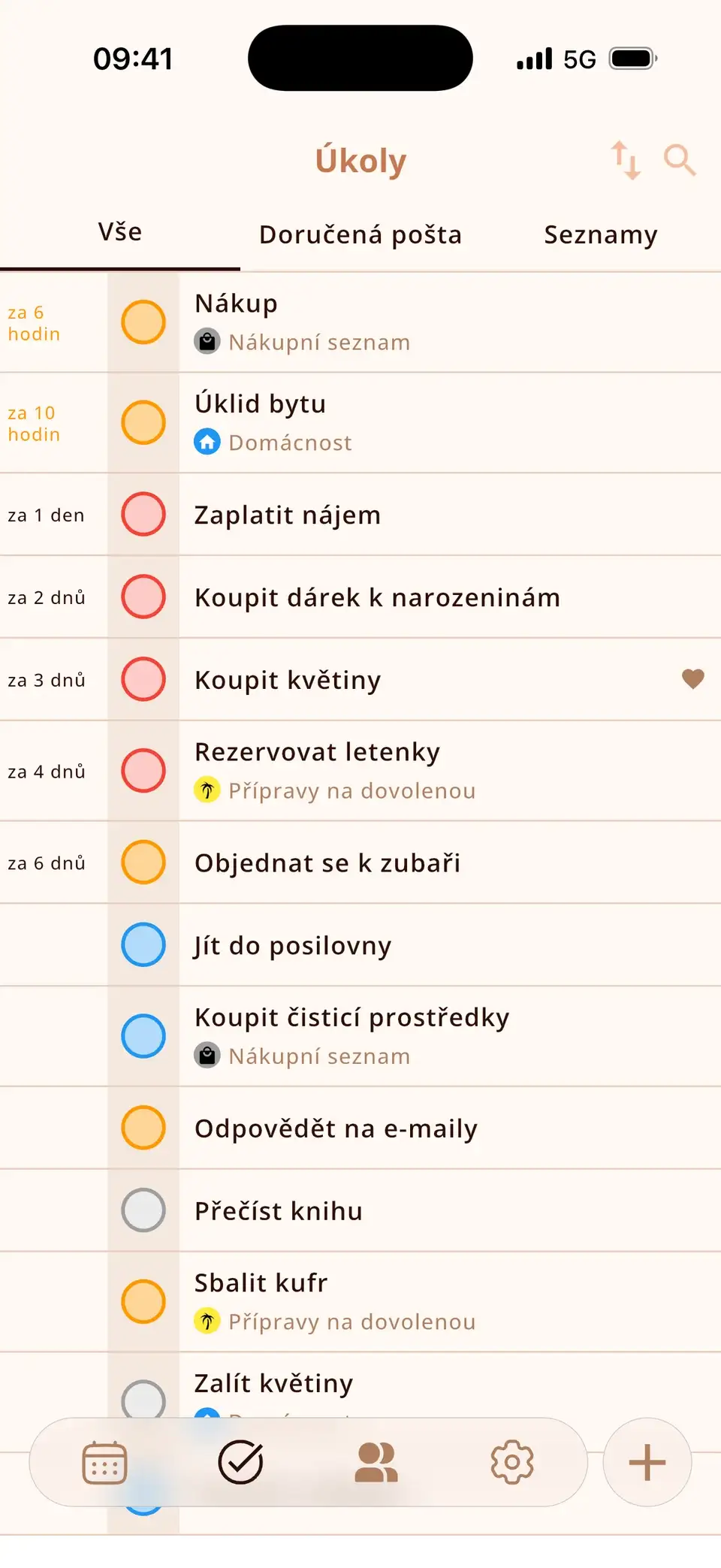 Seznam úkolů v Miracalu s prioritami a termíny