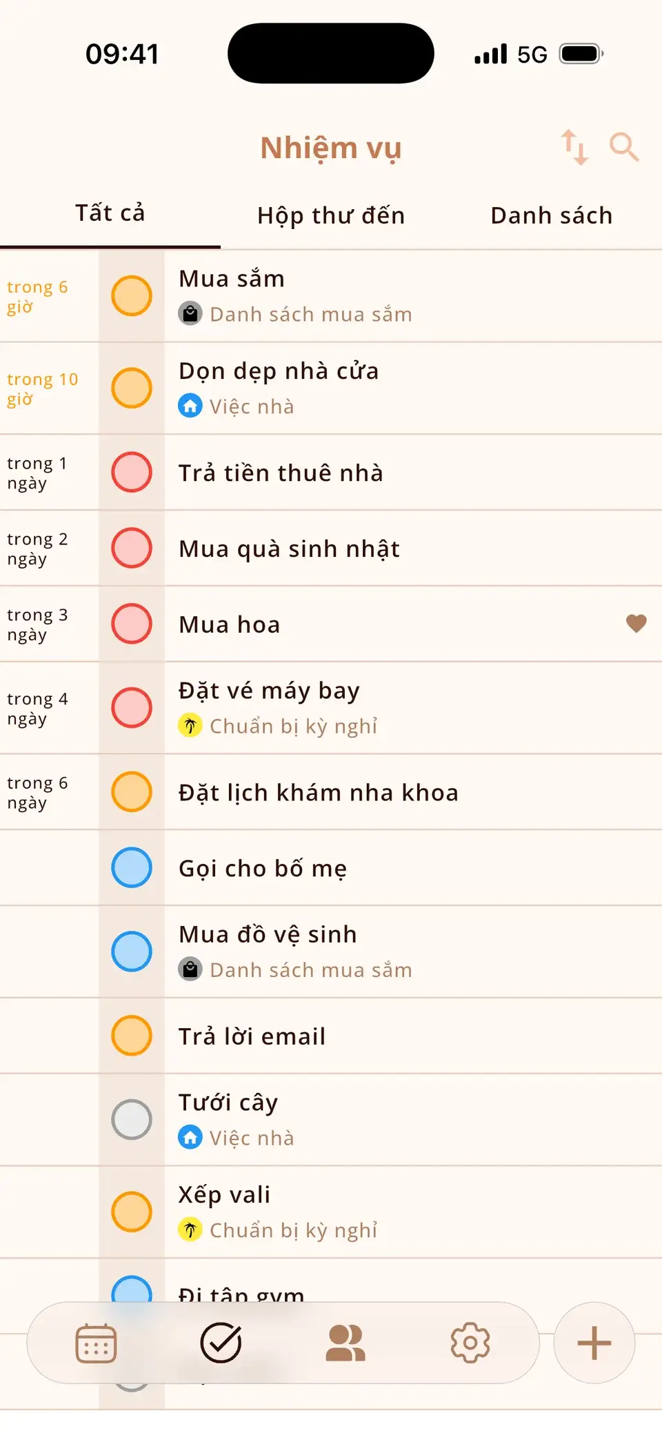 Danh sách việc cần làm trong Miracal với các lời nhắc được đồng bộ từ Lời nhắc của Apple