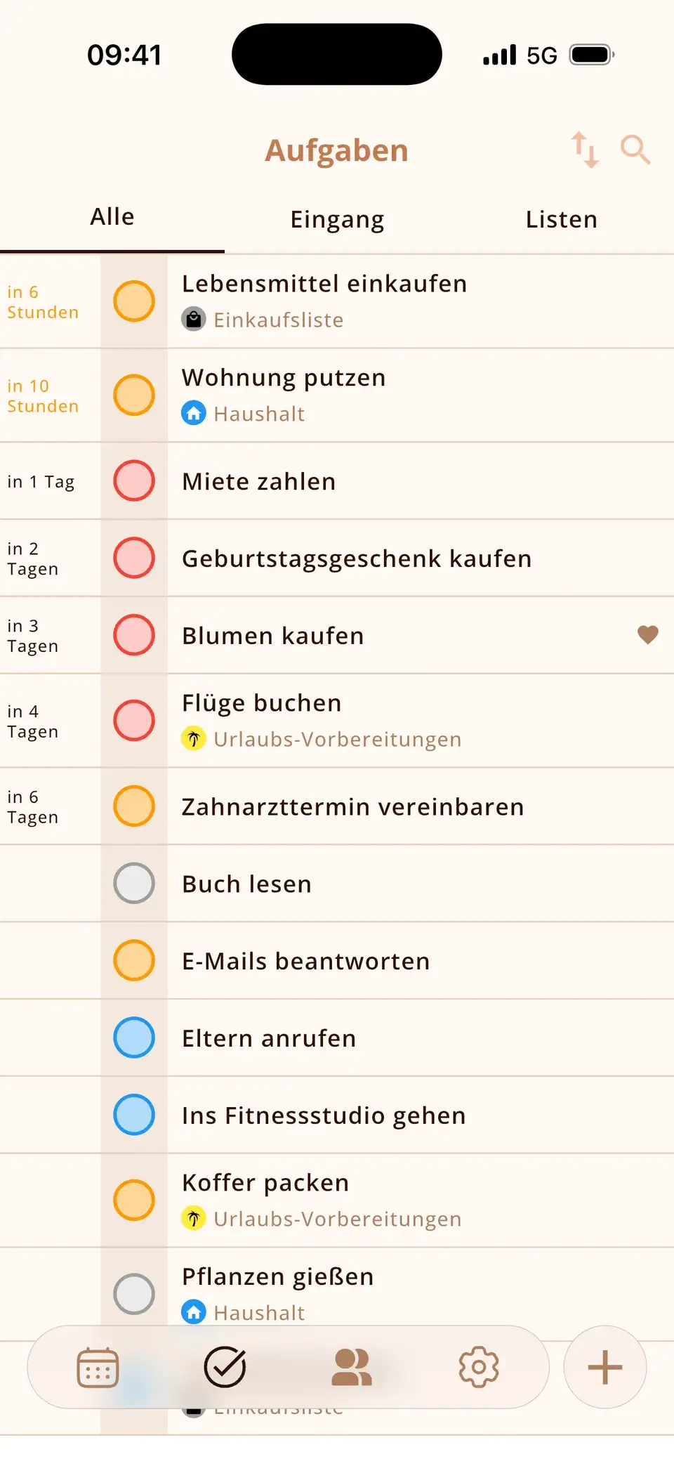 Miracal-Aufgabenliste mit Prioritäten und Fälligkeiten