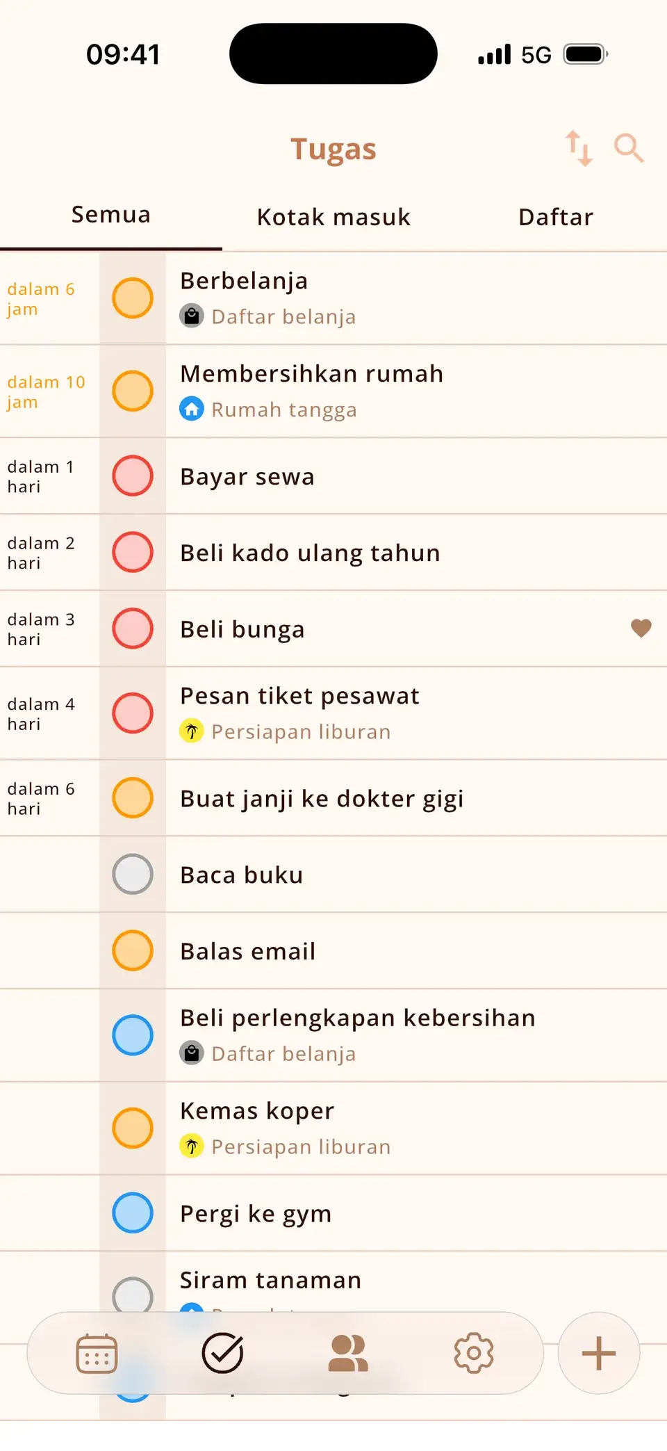 Daftar tugas di Miracal dengan pengingat yang disinkronkan dari Pengingat Apple