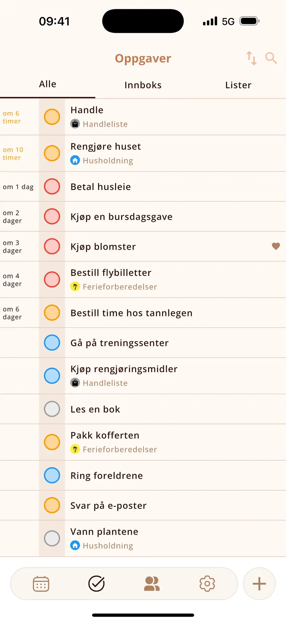 Oppgaveliste i Miracal med påminnelser synkronisert fra Apple Påminnelser