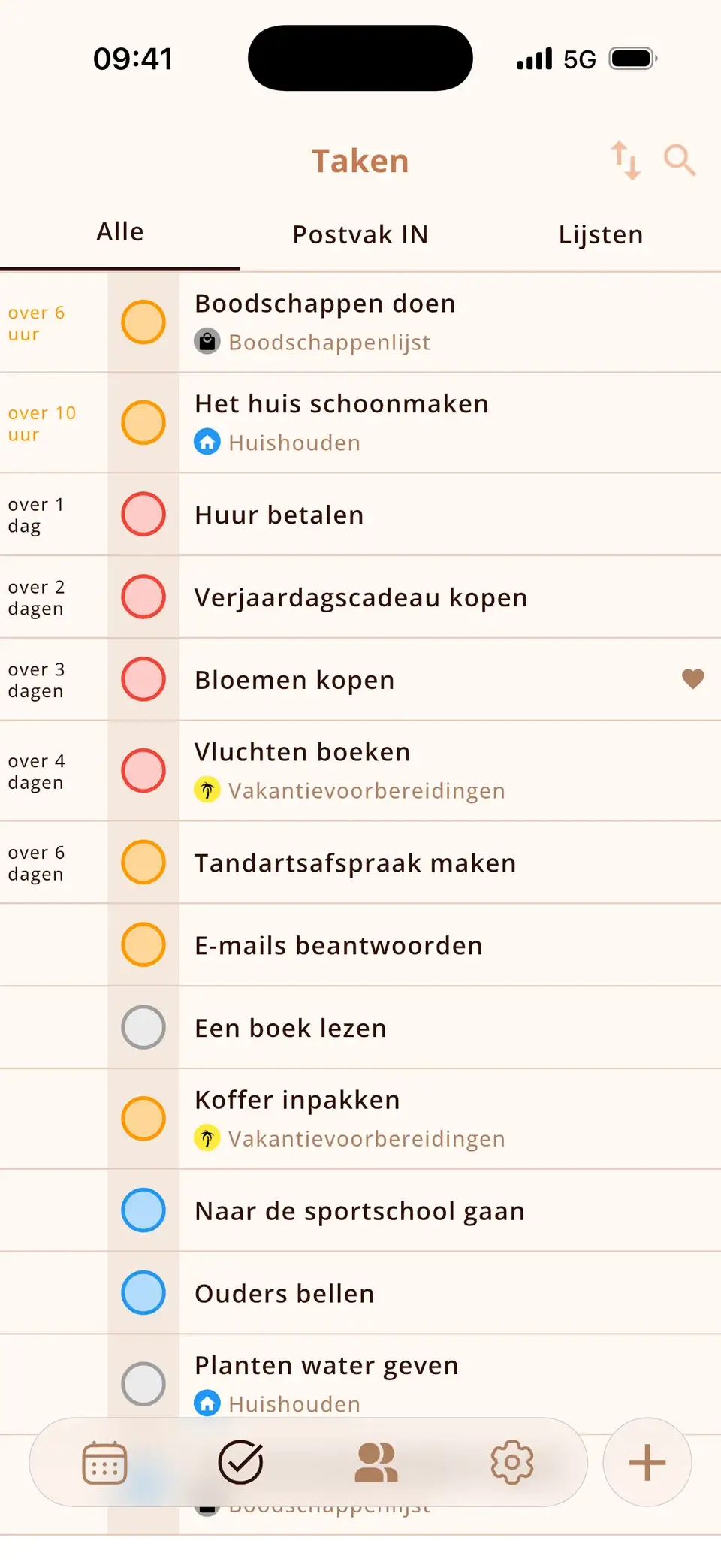 Takenoverzicht in Miracal met taken gegroepeerd op deadline en prioriteit