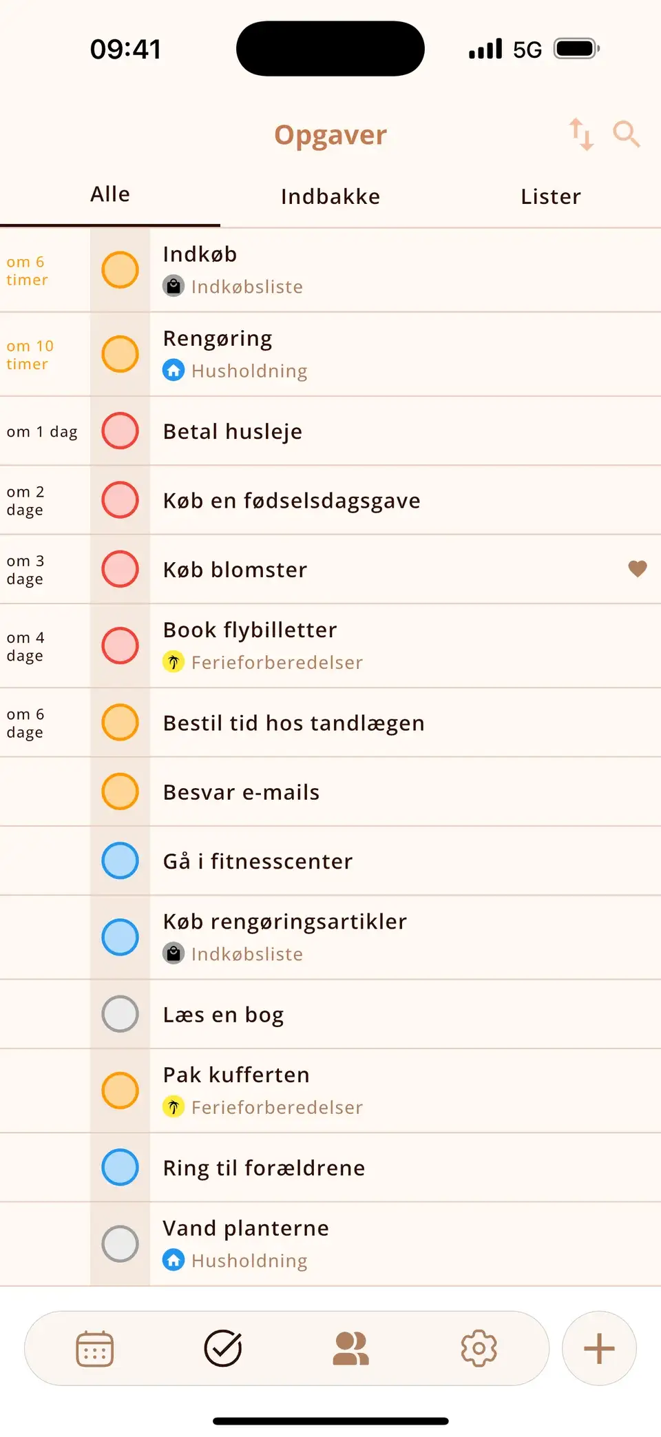 Miracals opgaveliste med prioriteter og forfaldsdatoer