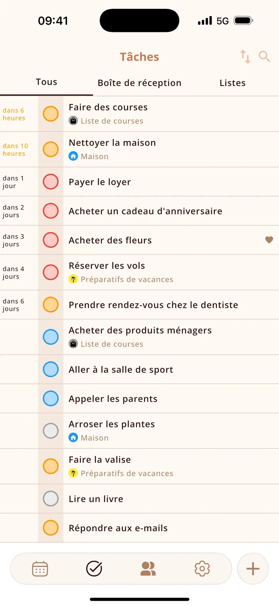Liste de tâches Miracal avec priorités et échéances