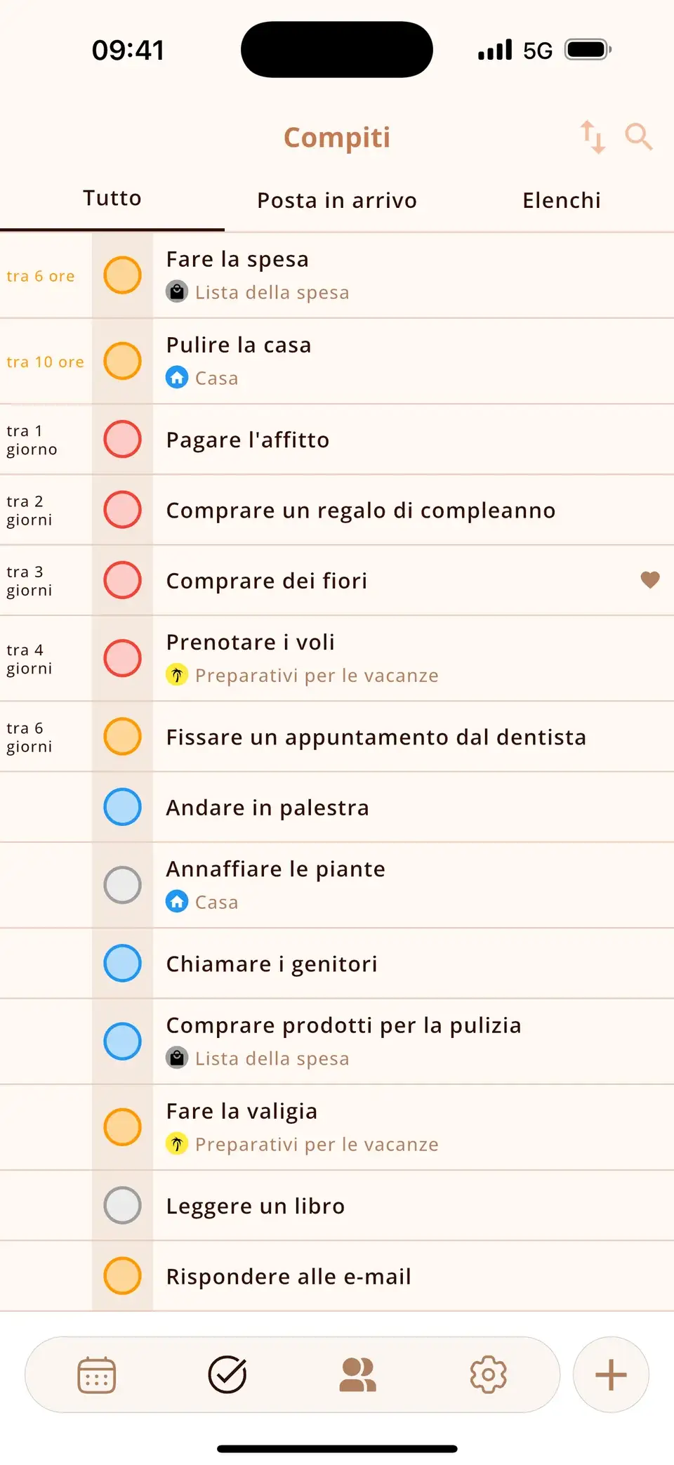 Lista di attività di Miracal con priorità e scadenze
