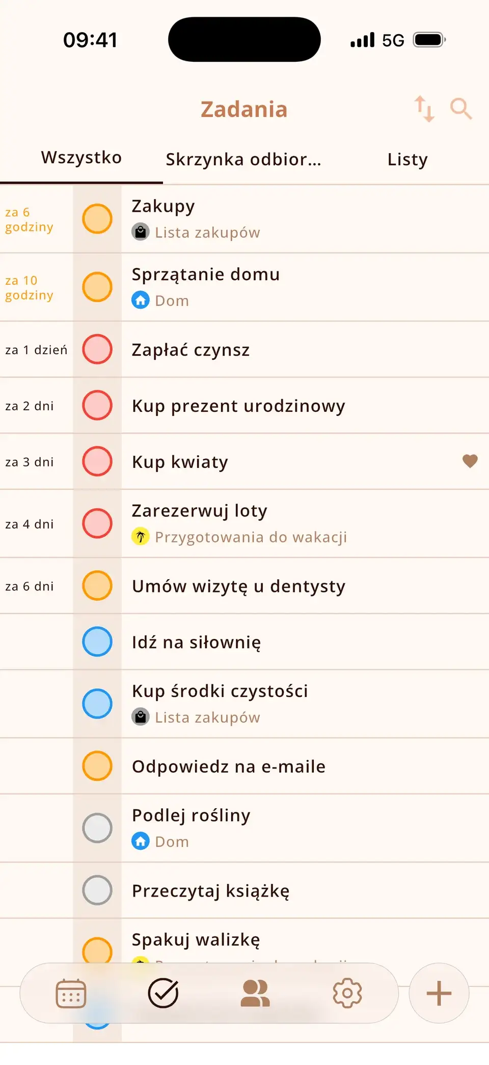 Lista zadań w Miracal z pozycjami zsynchronizowanymi z Przypomnieniami Apple