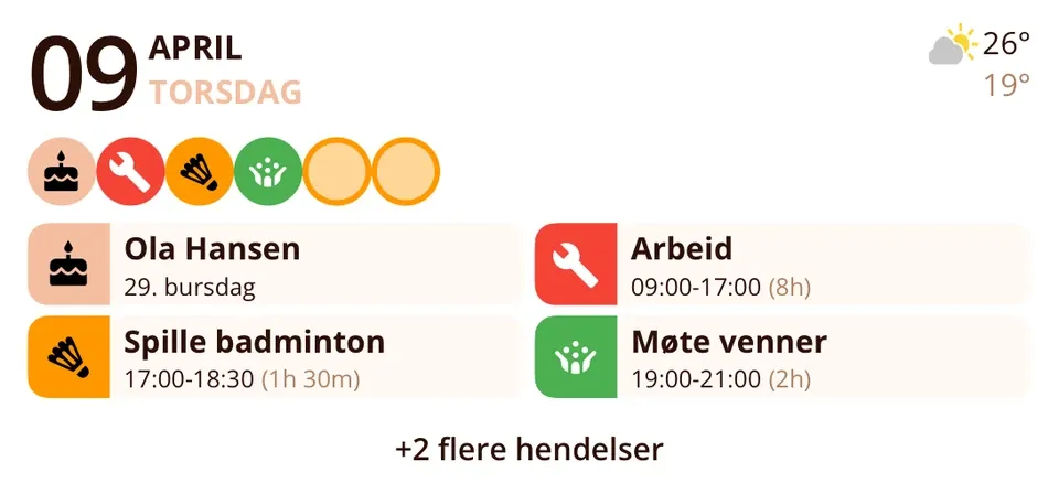 Miracal-widget: Kommende hendelser (middels)